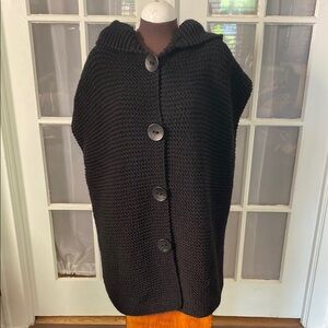 Chic Black Heavy Knit Over Sized Button-Up Poncho Sleeveless Cardigan